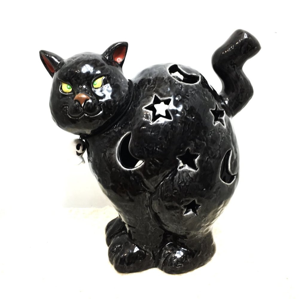 * Votive Holder Black Ceramic Large Cat Russ Berrie NWOT Vtg Y2K